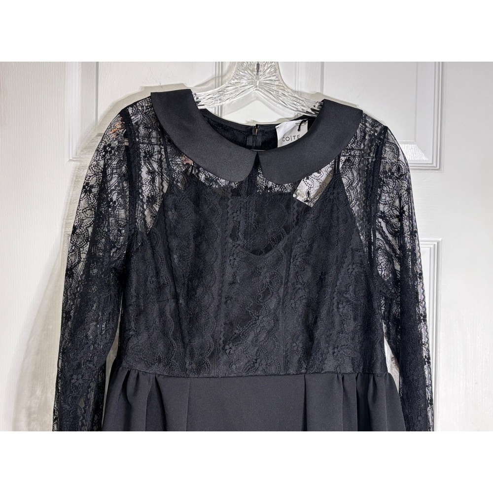 CO-TE Black Lace Dress Peter Pan Collar Ruffles Pockets Made In Italy, Size 46 - Picture 3 of 12